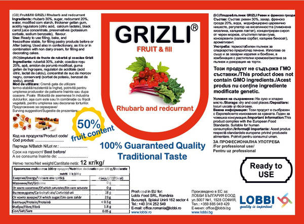 Fruit filling GRIZLI FRUIT&fill Rhubarb and redcurrant